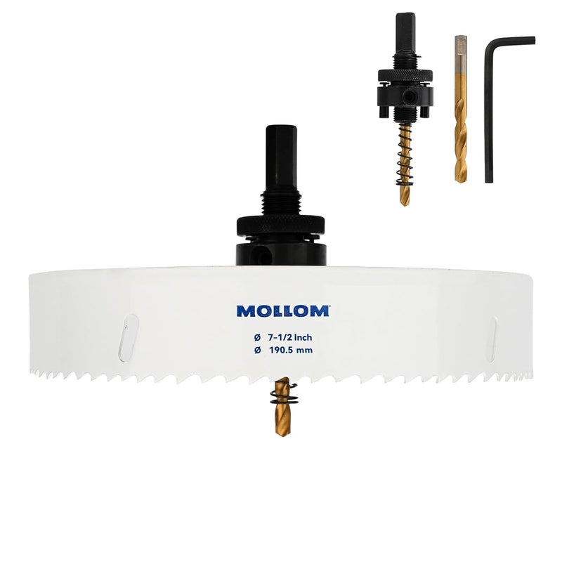 Mollom (190.5mm | 7-1/2") HSS M42 with 8% Cobalt BI-Metal Hole Saw with 2 Pilot Drill Bits & Arbor Smooth Cutting for PVC,Drywall,Wood,Plastic,Gypsum Board,Rubber - Image 1